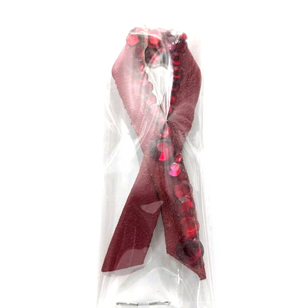 VTG 1990s James Arpad Red Ribbon Brooch - AIDS HIV Awareness Leather Crystals